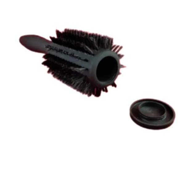 Black plastic hair brush stash can with handle and small opening for easy storage. Inside, black hair brushes are visible.