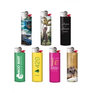 Bic offers a diverse range of colorful lighters with unique designs and shapes, all featuring the iconic Bic logo.