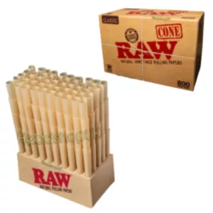Loose cones made from raw tobacco leaves, packaged in a brown box with a clear lid for easy viewing.
