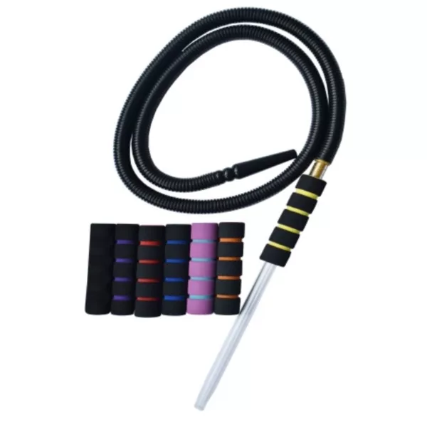 Black plastic hookah hose, 2ft long, with black handle and metal loop for hanging. Coiled and covered in colorful wristbands.