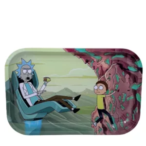 Large Rick and Morty rolling tray with metal matte finish, wide handle and footrest. Features two colorful characters from the TV show on a rocky terrain background.