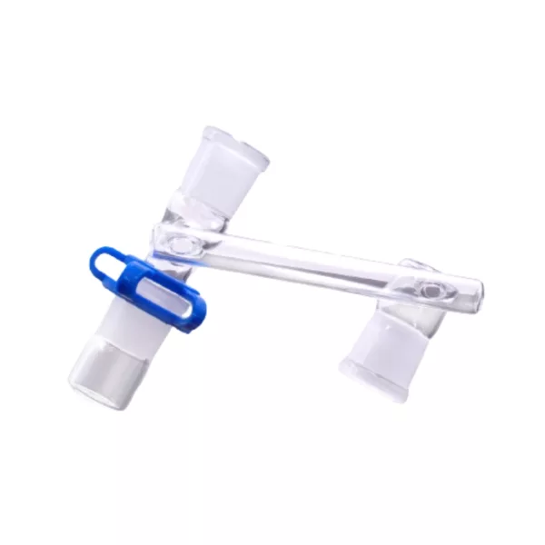 Clear plastic pipe with blue handle, bent at an angle for medical or industrial use.