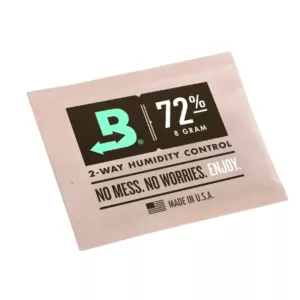 brand of humidity control products, such as the 72% 8g Packet, used in e-cigarettes and vape mods to maintain optimal conditions. The packet is clear, small, and easy to carry.