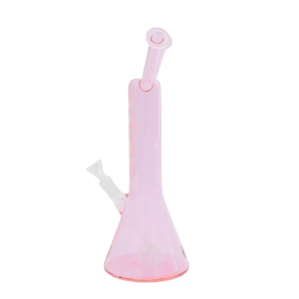 Clear pink beaker with small plastic stem and mouthpiece for smoking.