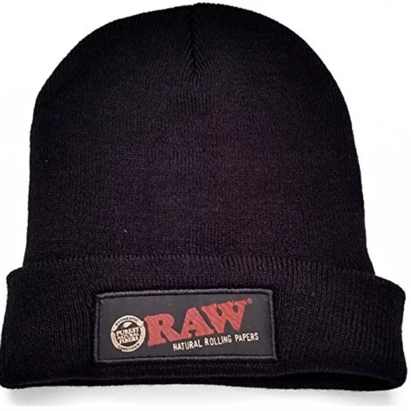 Black beanie with red 'RAW' tag on front, knit construction and white cuff. White background.