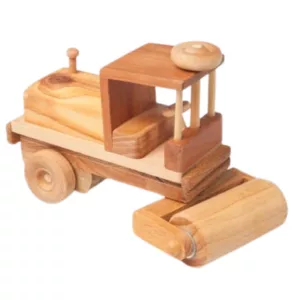 Wooden steamroller with 4 wheels, wooden handle and cab, small motor in cab. High-quality image.