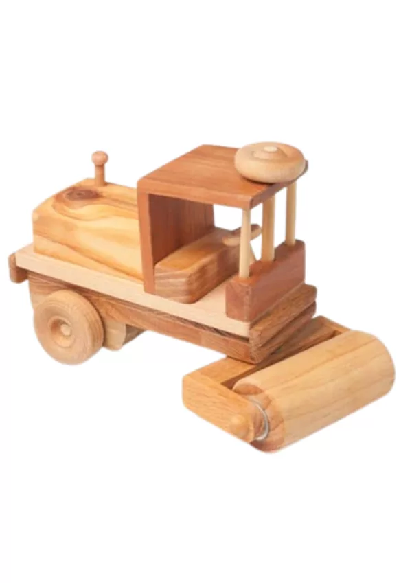Wooden steamroller with 4 wheels, wooden handle and cab, small motor in cab. High-quality image.