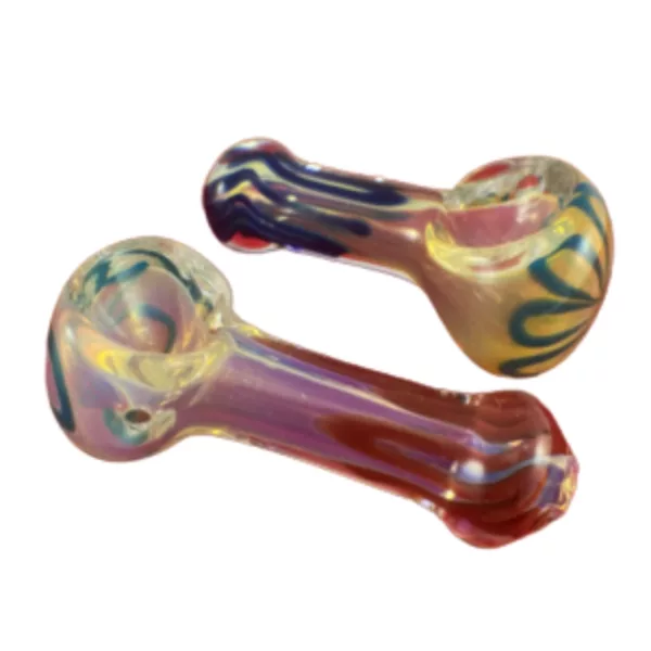 Two clear glass pipes with colorful swirl and pattern designs on a white background.