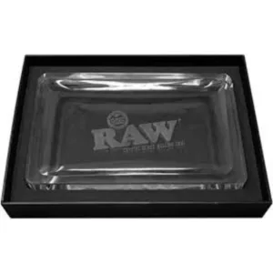 Clear glass rolling tray with 'RAW' in black on a black box with clear lid. Simple and elegant design.
