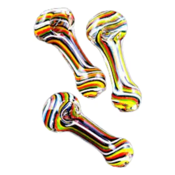Vibrant, multicolored swirl glass pipe with intricate zigzag design and smooth, glossy finish.