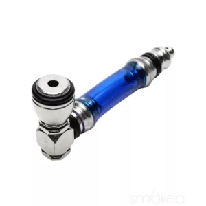 Stylish blue plastic-cased pipe with silver accents, made of metal with threaded end and top ring.