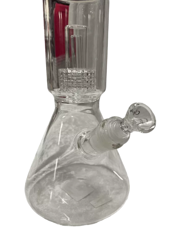 Clear glass water pipe with round base and mouthpiece, cylindrical neck.