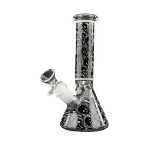 Long, curved glass bong with black and white design and clear bowl with percolator. Small, round base and stem. Sitting on white background. #WPE292