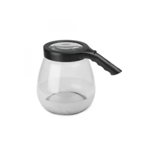 Clear glass jar with black lid and handle, filled with slightly cloudy liquid. Hinged handle for easy opening and closing.
