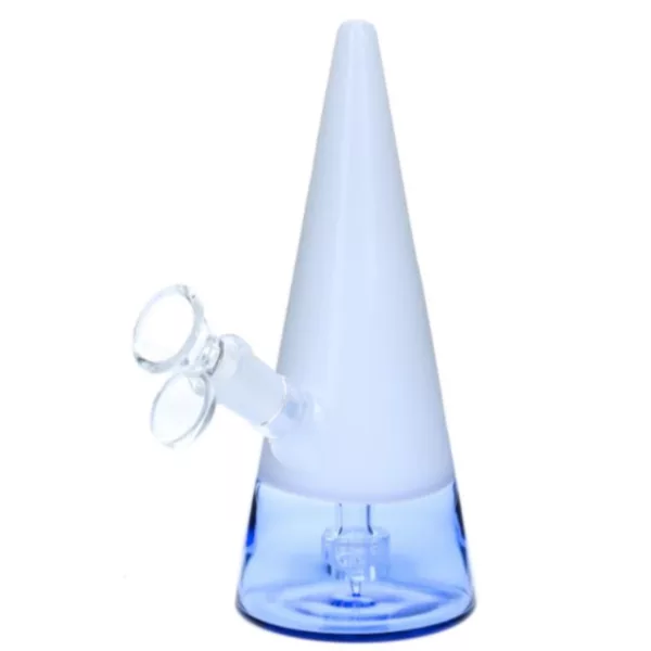 Clear glass herb cone with blue base and small glass pipe. Pipe has a small knob on end.