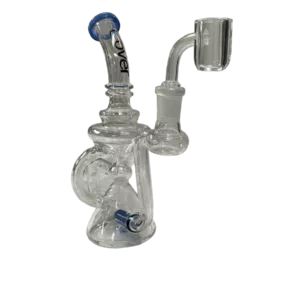 Clear glass bong with blue handle, 2 bowls & smoke outlet. #WPE494