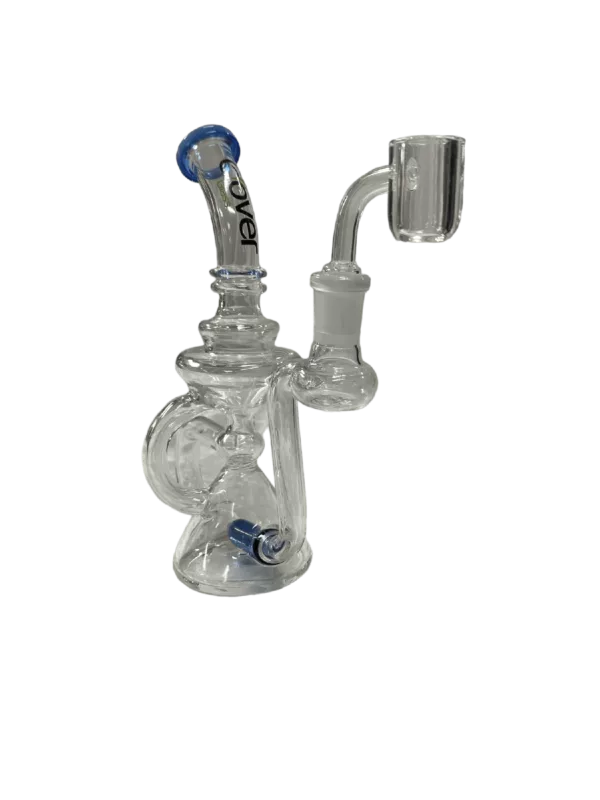 Clear glass bong with blue handle, 2 bowls & smoke outlet. #WPE494