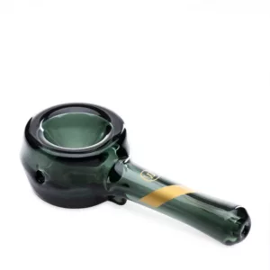 Stylish green glass spoon pipe with gold strip, large bowl and long stem for a modern smoking experience.