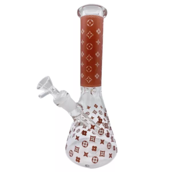 Red and white striped glass water pipe with bent neck and small bowl.
