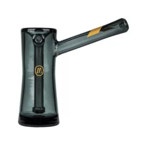The Smoked Glass Bubbler by Marley Natural is a clear glass tube-shaped water pipe with a black handle and yellow tip, designed for smoking. The handle is long and curved, and the tip is round and slightly tapered. No other features mentioned.