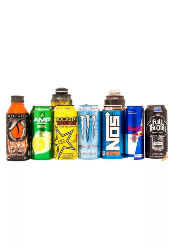 Assorted energy drinks in vibrant colors and flavors, modern design for eye-catching advertising.
