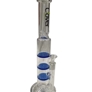 blue-accented glass bong with a curved base, wide mouthpiece, and glass bowl with a small hole on top.