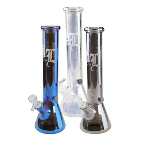 Three colorful glass bongs with blue accents and small flowers: clear, blue, and black. Stem and bowl included.