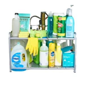 Stainless steel shelf with easy access to cleaning products including spray bottles, wipes, and solution. Perfect for pantry and cleaning stash.