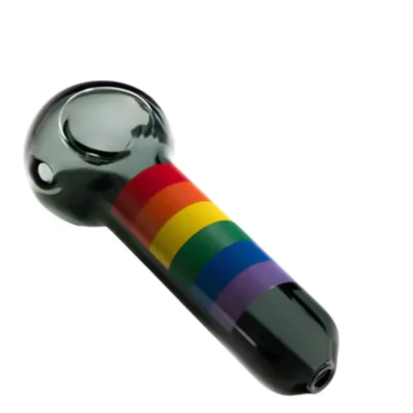 A rainbow striped glass pipe with a small bowl on a white background.