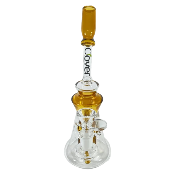 Glass bong with clear base, yellow/purple stem, clear bowl, purple/green base design, and clear flexible hose.