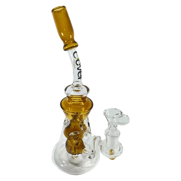 Stylish glass waterpipe with triangular base and circular stem. Clear bowl and mouthpiece. Long, twisted tube with glossy finish.
