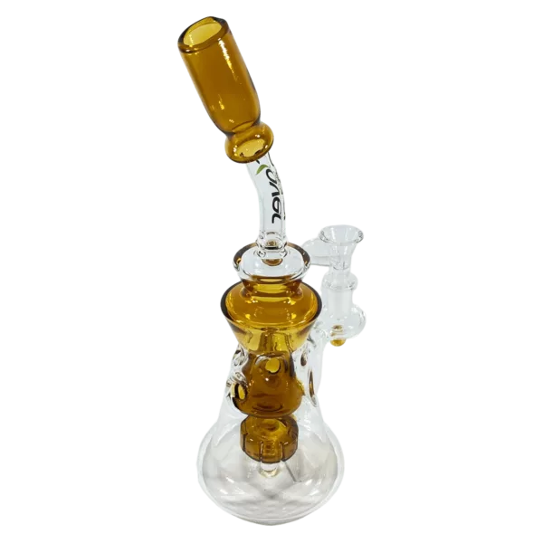 Handmade glass bong with triangular prism shape, clear mouthpiece and small white stem with flower-shaped button on top.