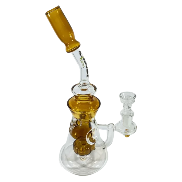 Clear glass bong with triangular stem and bowl, no imperfections or scratches. Base and bowl made of clear and opaque materials respectively. Bowl has small center hole and no downstem or carburetor.