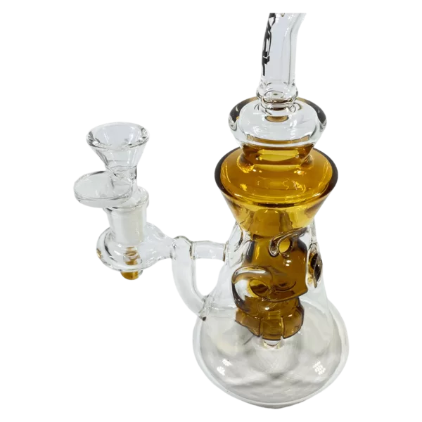 Glass bong with triangular base and bowl, long stem with small knob. Three colored bowls attached.