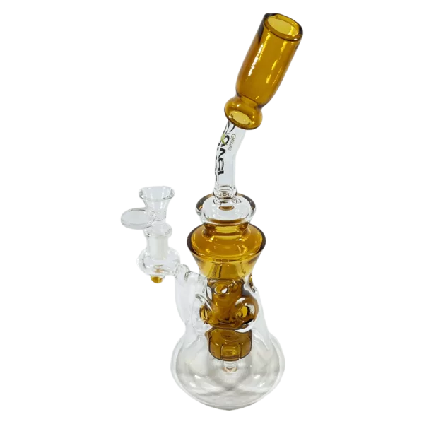 Clear glass bong with yellow bowl and triangle base. 14 tall, 6 wide. Attached to small, curved base with clear stem.