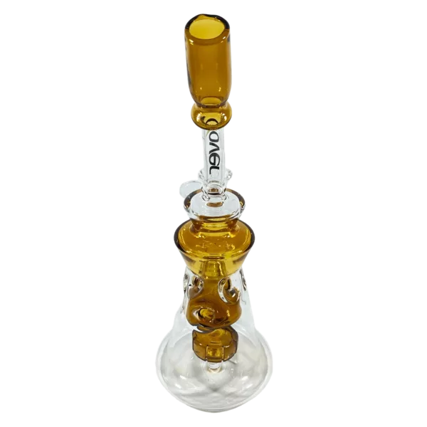 Glass bong with triangular shape, large and small curved bowls, spiral pattern in middle, clear stem with small knob, and clear base with bowl groove.