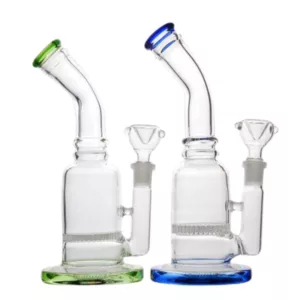 Blue handled bong with clear body and green top. Bendy neck design. GB237.