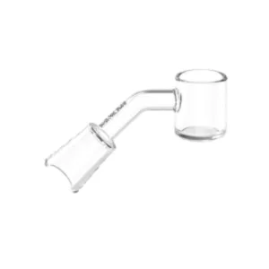 Clear glass pipe with small circular handle, perfect for smoking. Polished surface and white background.