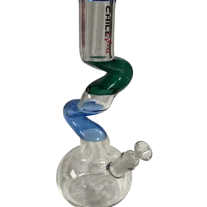 Glass bong with blue and green spiral design, clear glass base, and two jointed tubes. Smooth surface, sits on white background.