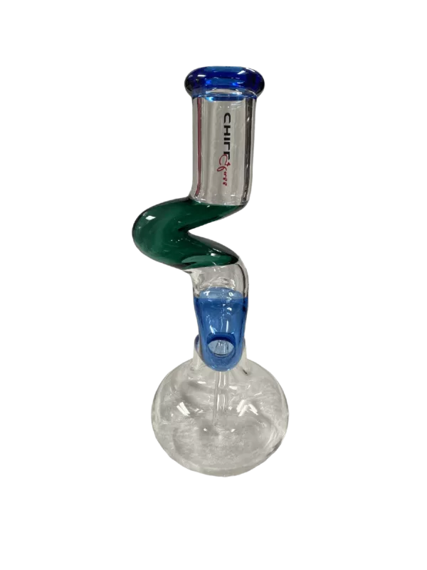 Clear blue and white stem, blue bowl with white accents, double jointed glass water pipe for smoking.