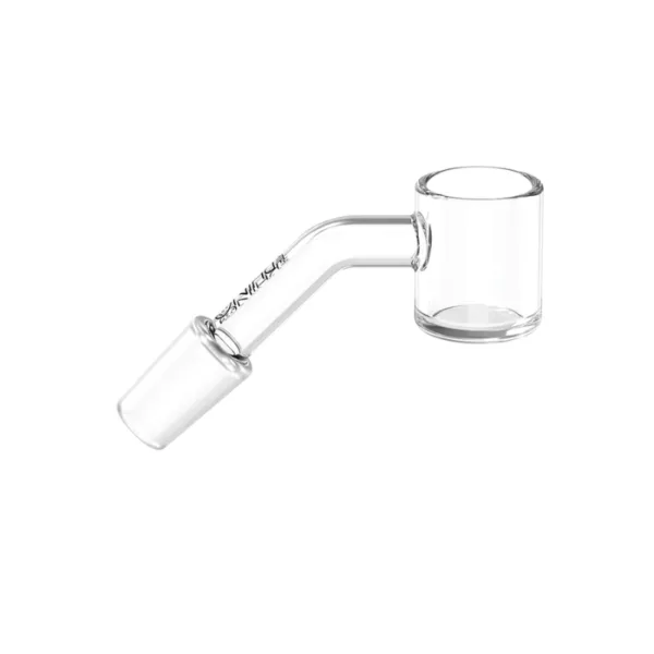 A clear glass pipe with a curved tube and small hole at the end. The base also has a small hole at the bottom. The pipe is sitting on a white background.