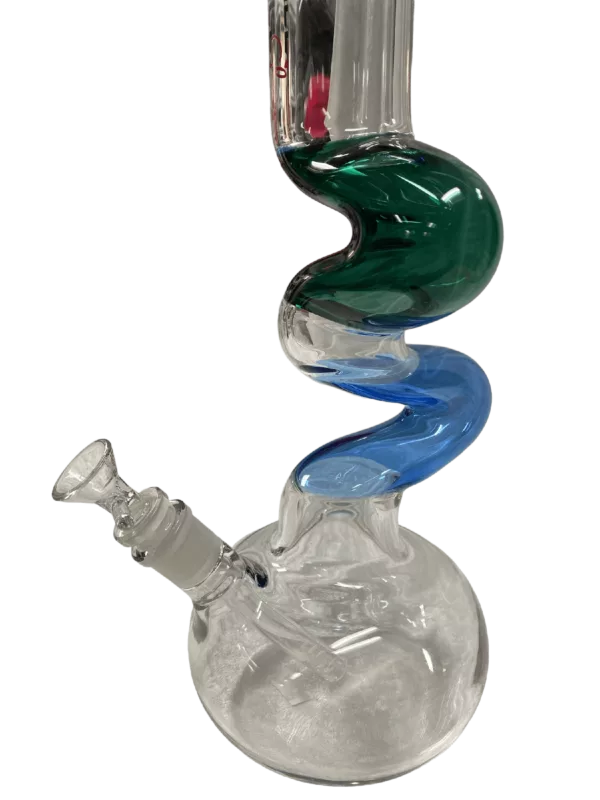 Multi-colored bong with unique shape, featuring two joints and wide base. #DoubleJointedWP #CCJLB43