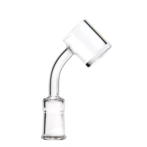 Clear glass bong with flat top and small holes for airflow, standing upright on white background.