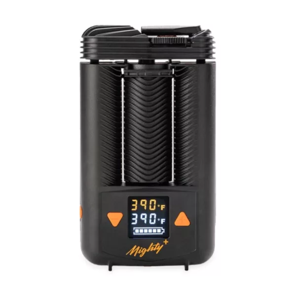 The Mighty Plus by Storz and Bickel is a sleek, digital vaporizer with adjustable temperature control, large liquid chamber, clear viewing window, compact size, and intuitive design.