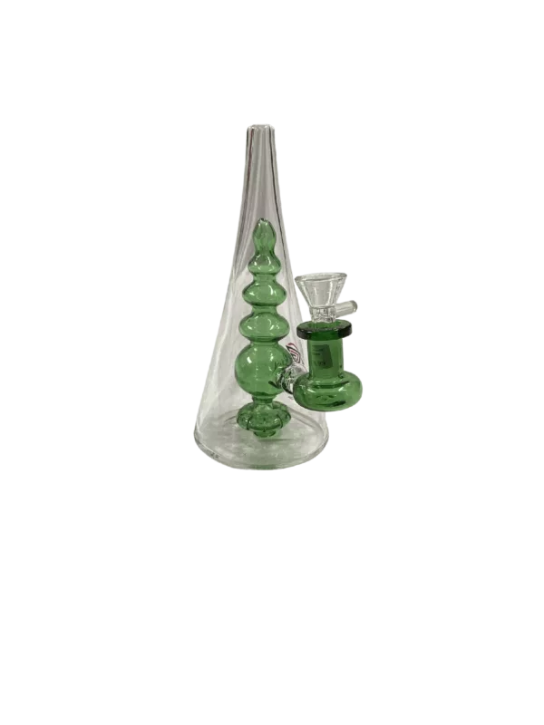 Translucent glass marble pipe with snowflake pattern and long, curved stem. Set against a green background.