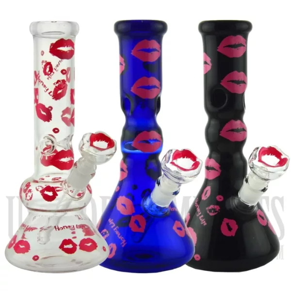 The Kiss These Lips Water Pipe features a clear base and blue/pink mouthpiece with a pink-lipped design, perfect for smoking cannabis.