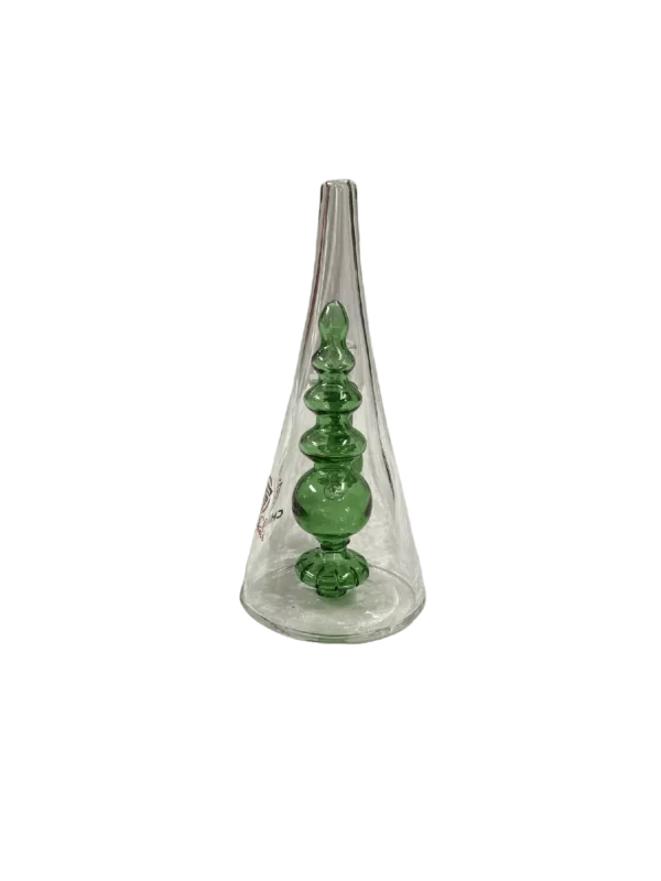 A cracked, green glass vase with a wide base and narrow neck, listed on a smoking company website.