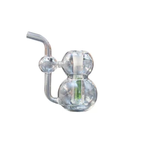 glass bong in the shape of a snowman with a clear bowl and a long, curved neck.