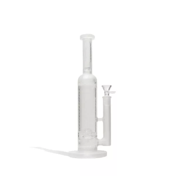 Clear glass bong with long stem and small bowl on top, standing on white surface.