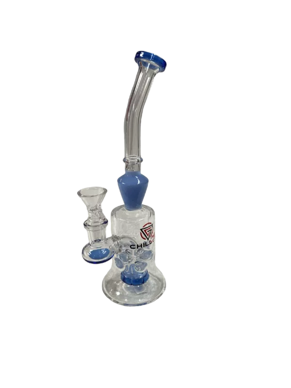 blue glass water pipe with a clear mouthpiece and white bowl. The stem is straight with a small bend at the top, and the base is small and round.